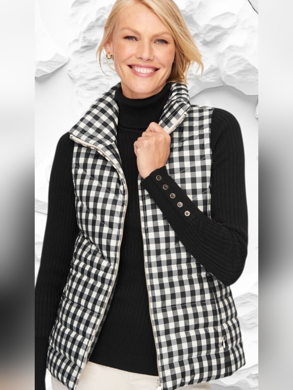 Black & White Gingham Quilted Vest - Women's Layering Vest